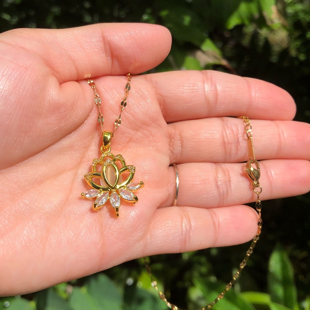 18K Gold Plated Diamond Lotus Flower Necklace